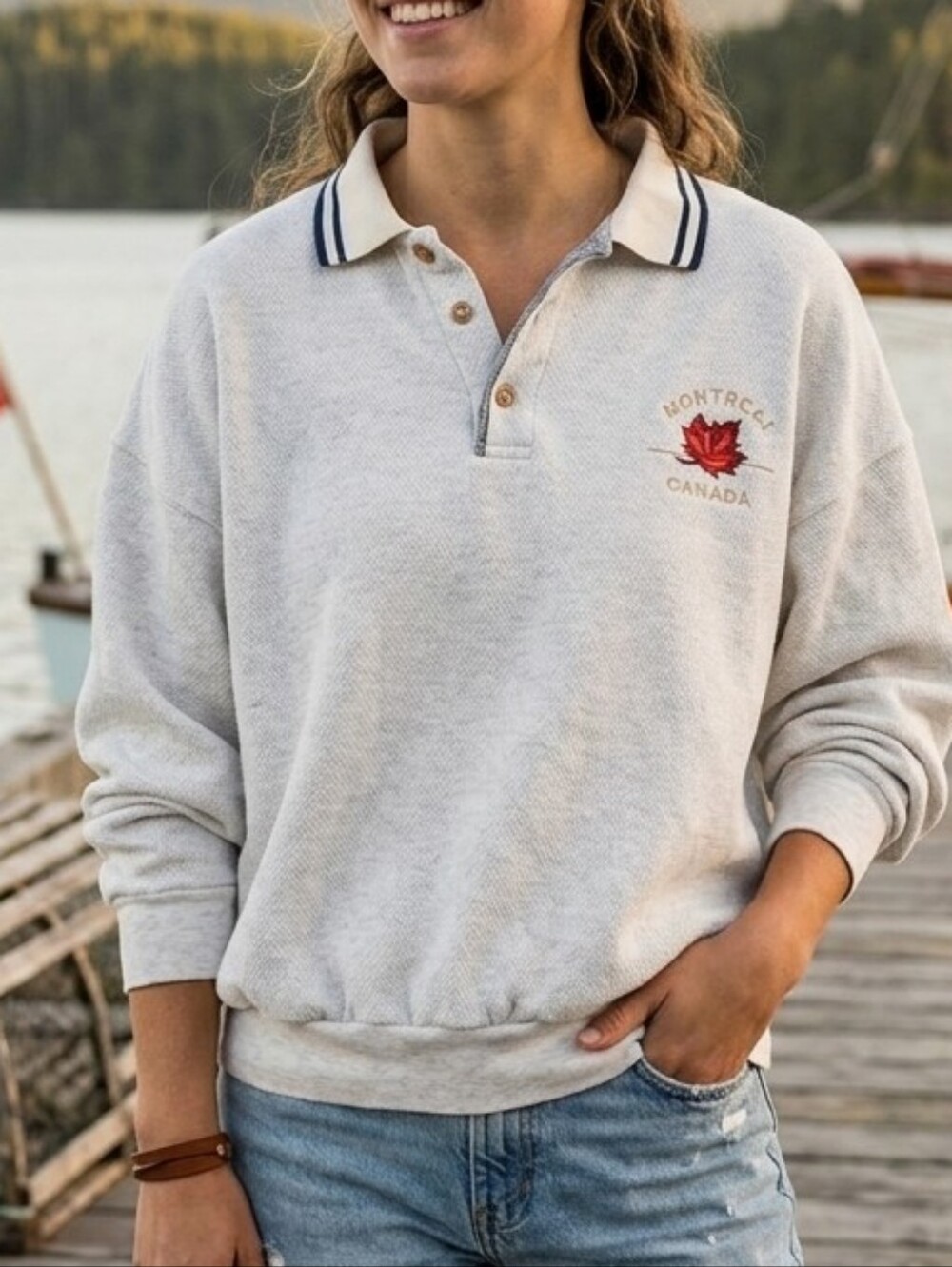 Vintage David Bradley Montreal Canada Henley Pullover XL Boxy Fit